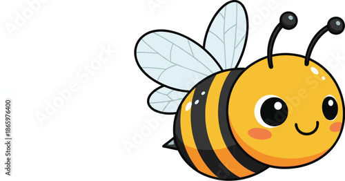 Cute cartoon bee with wings illustration, smiling honey insect character, playful pollinator design for kids, colorful flat style artwork