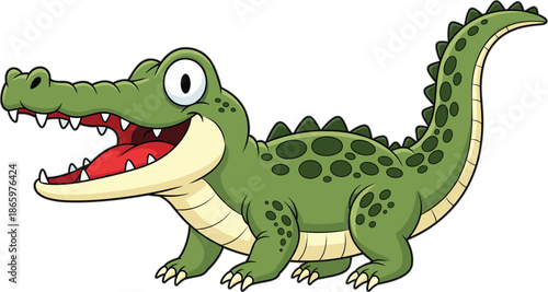 Cute cartoon crocodile smiling illustration, funny reptile character for kids, playful wildlife design, colorful children artwork, cheerful mascot