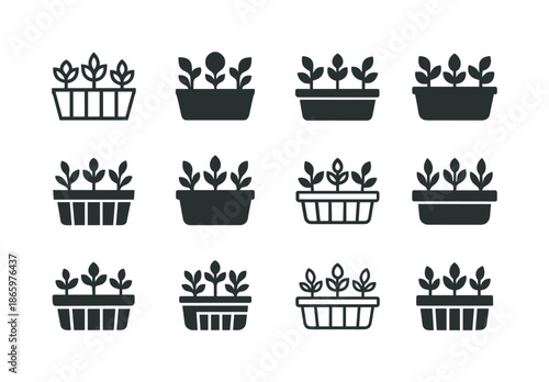 Balcony Plant Logos. Arranging Plants on a Balcony. Icon set. Set Logo of Arranging Plants on a Balcony: rail planter box with multiple plants. harmonious logo
