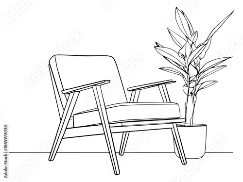 Hand drawn line art illustration of an armchair and houseplant depicting home decor for living space design