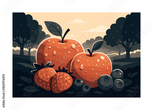 Dew-Kissed Morning Fruits. Dew on morning fruit. Apples and berries shining with dew; soft glow outlining their forms. Light mist drifting across orchard rows.