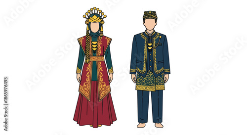 Traditional Indonesian Couple in Elaborate Ethnic Attire.
