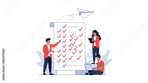 Three diverse cartoon-style business characters actively collaborating on a large checklist, with many completed tasks indicated by checkmarks and a paper airplane symbolizing progress.