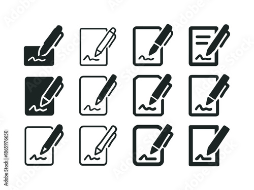 Settlement Agreement Logos. Signing of settlement agreement. Icon set. Set Logo of Signing of settlement agreement: pen and paper. harmonious logo variations