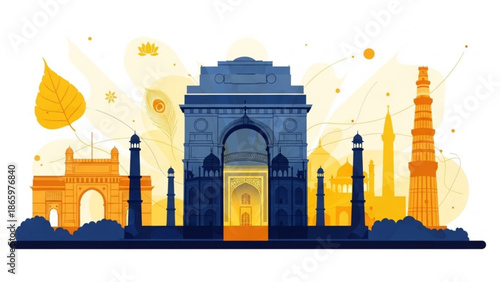 Illustration of famous indian monuments including gateway of india and india gate, cityscape with yellow and blue hues, cultural landmarks and architecture