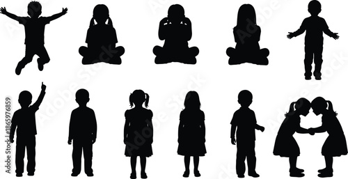 Kids silhouette set with boys and girls standing sitting jumping and interacting isolated on white background black vector illustration