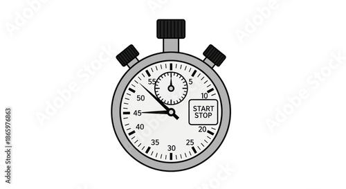 A classic black and white analog stopwatch illustration with start and stop buttons.