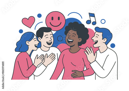 Joyful Cultural Connections. Laughter across cultures. A diverse group sharing joyful expressions and connected by floating smile, heart, and music icons.