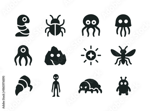Martian Creatures Icons. Martian creatures. Solid icon set of Martian creatures: alien worm, alien beetle, alien spider, floating jelly alien, tentacle