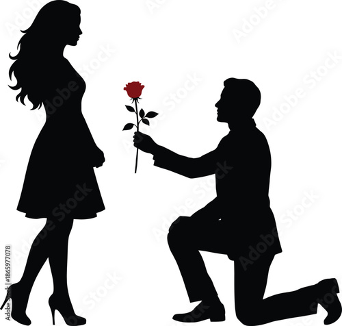 Romantic marriage proposal silhouette with man kneeling offering red rose to woman isolated on white background vector illustration