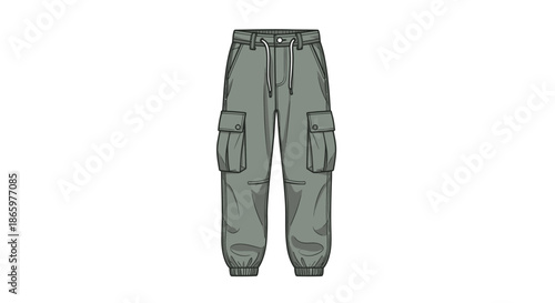 Green Cargo Pants with Multiple Pockets and Drawstring Cuffs.