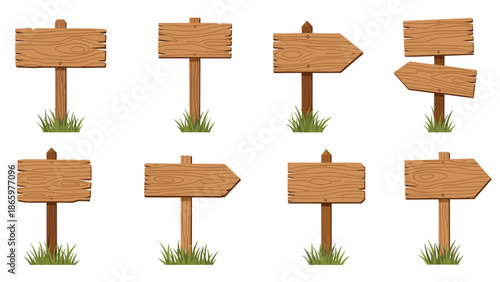 Collection of eight distinct wooden signposts, featuring various shapes and directional arrows, some with green grass at their base, ideal for navigation or information display.