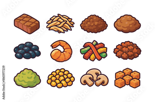 Colorful Taco Fillings Icons. Taco fillings. Colorful isometric vector icons set of Taco fillings: grilled steak, shredded chicken, seasoned ground beef,