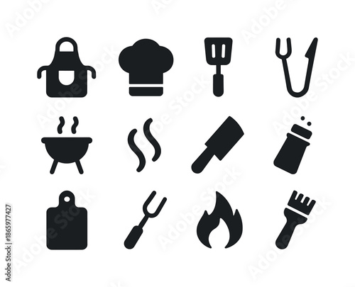 Grillmaster Icon Collection. Grillmasters. Solid icon set of grillmasters: apron, chef hat, spatula, tongs, grill, smoke lines, chopping knife, seasoning