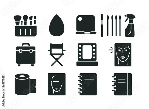 Makeup Artist Essentials. Professional makeup artist tools. Solid icon set of Professional makeup artist tools: makeup brush set, beauty sponge, metal mixing