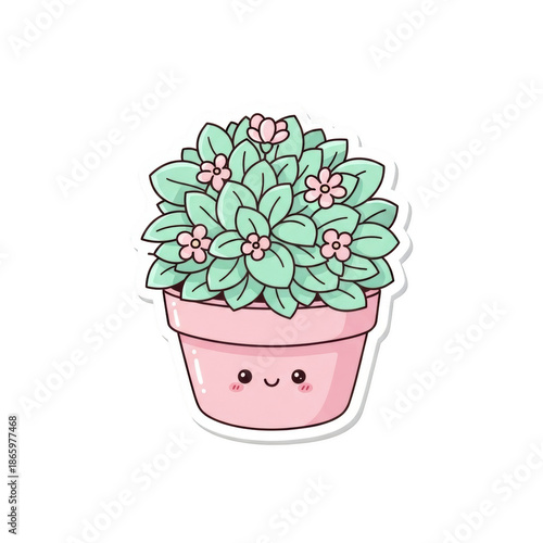 Cute pink potted plant with green leaves and small pink flowers png isolated transparent background image