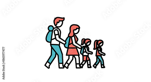 Stylized illustration of a family with backpacks on a journey.