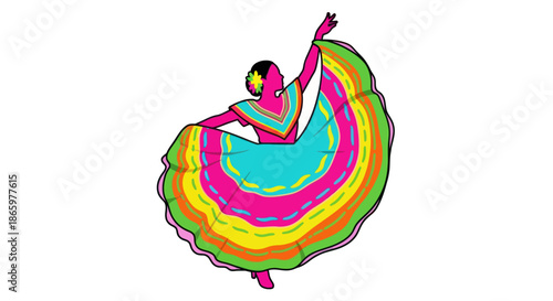 Stylized illustration of a vibrant folk dancer in a colorful traditional dress.