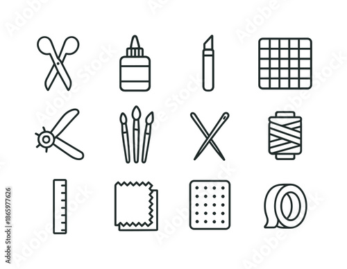 Craft Tools Icons. Craft tools. Line icon set of craft tools: scissors, glue bottle, craft knife, cutting mat, hole punch, brush set, needle set, thread spool,