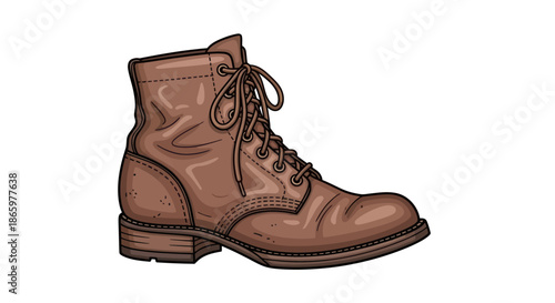 A classic hand-drawn illustration of a single brown leather lace-up work boot.