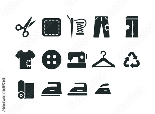 Upcycled Clothing Icons. Upcycling clothes. Solid icon set of Upcycling clothes: scissors, patch, needle, thread, old jeans, t-shirt, button, sewing machine,