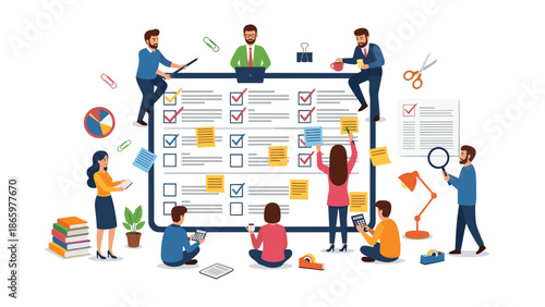 Diverse group of business professionals actively collaborating around a giant task board, filled with checklists, sticky notes, and various progress markers, symbolizing agile workflow.