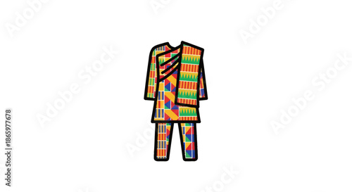 Colorful African Outfit: Traditional Clothing with Geometric Patterns and Vibrant Colors.
