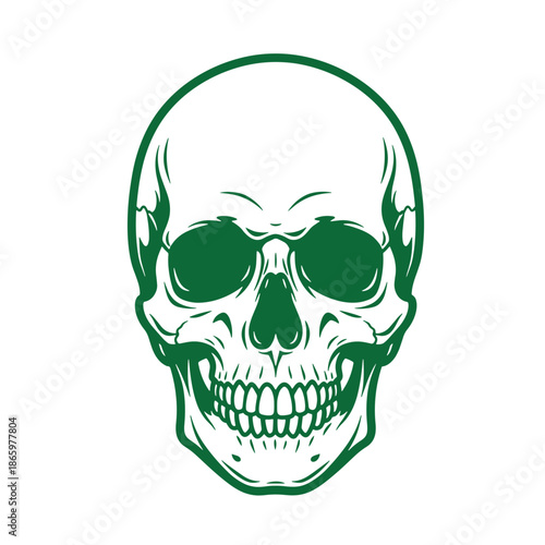 Green skull head with white face and teeth smiling on white background