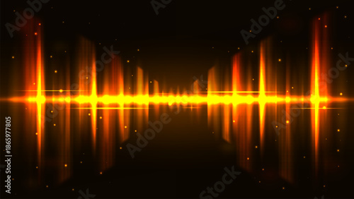 Symmetric glowing orange sound wave equalizer visualization on black background with radiant energy pulses and reflections