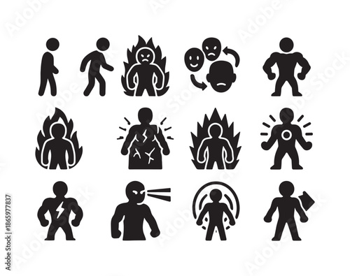Rage Morph Icon Set. Transformation through rage. Solid icon set of transformation through rage: morphing figure, rage aura, emotional shift, strength surge,