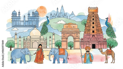 Indian cultural scene with woman in traditional dress walking elephants and man with camel, taj mahal, gateway of india and other famous landmarks in background