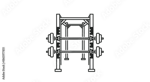 Detailed Line Drawing of a Heavy Duty Weightlifting Rack with Barbells.