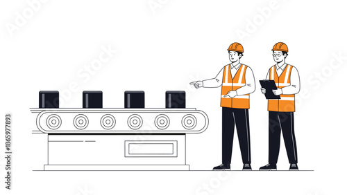 Two attentive factory workers, wearing hard hats and safety vests, diligently monitoring a conveyor belt transporting black boxes, with one worker pointing and the other reviewing a clipboard.
