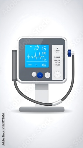 Medical device with a blue screen displaying vital signs, connected by tubes