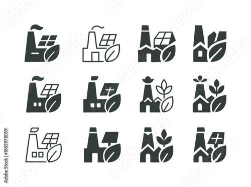 Sustainable Energy Icons. Sustainable energy solutions. Icon set. Set Logo of sustainable energy solutions: Eco-friendly power plant. harmonious logo