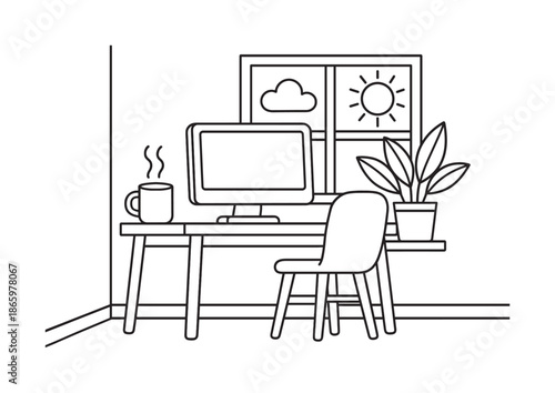 Home Office Coloring. Home office setup children?s coloring book illustration, outlined drawing, simple desk with computer, plant, and coffee mug beside a
