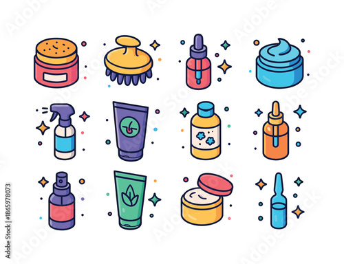 Colorful Scalp Care Icons. Scalp care. Colorful isometric vector icons set of scalp care: scalp scrub, exfoliating brush, scalp serum, soothing gel, cooling