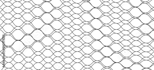 Wire mesh fence isolated on white background. Mesh texture for fishing nets. Seamless black pattern for sportswear or soccer goal, volleyball net, basketball hoop, hockey, athletics.