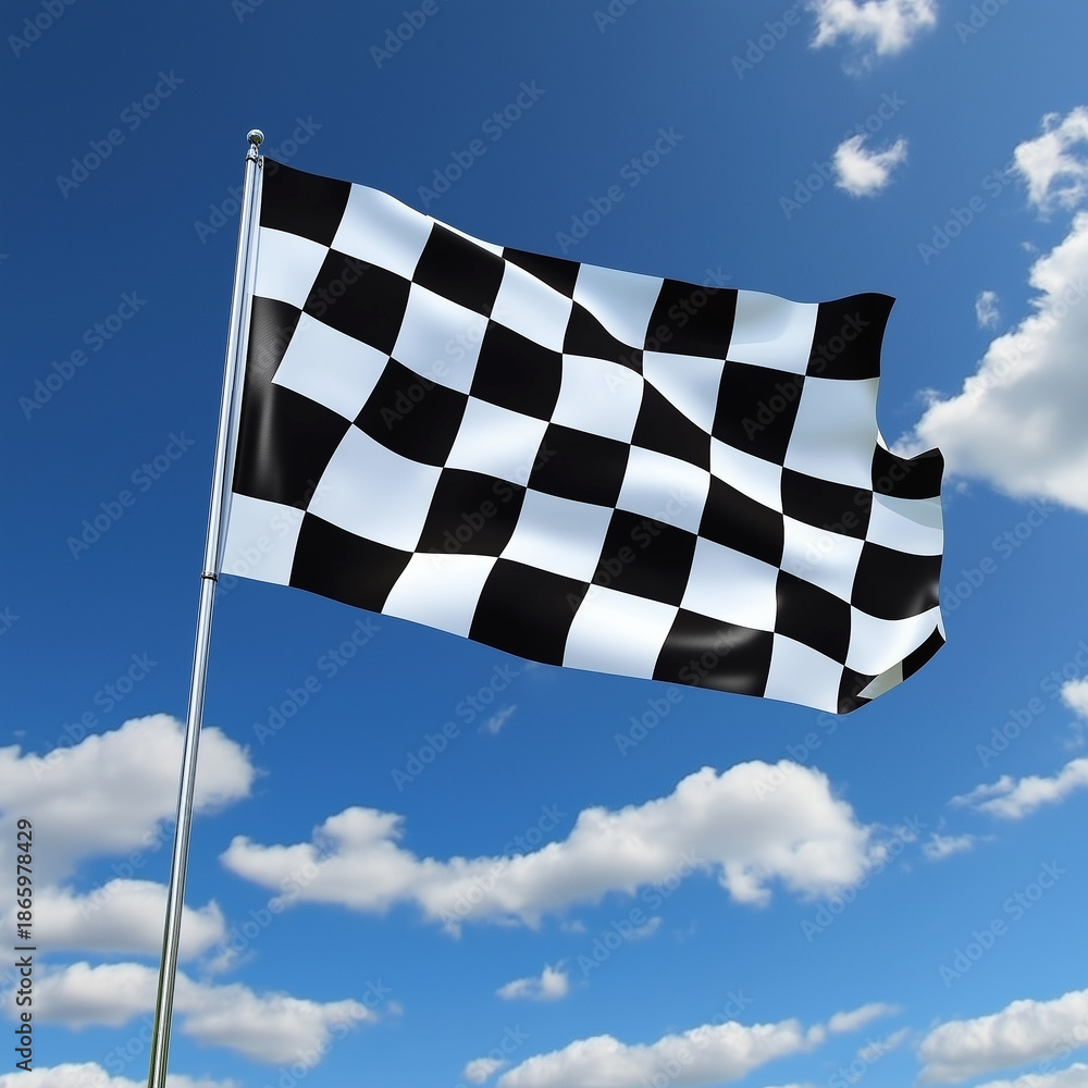 Obraz premium Checkered racing flag waving on a metal pole against a blue sky