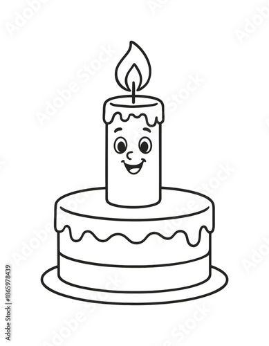 Birthday Candle Coloring. Birthday candle wax children?s coloring book illustration, outlined drawing, a cheerful candle on a cake with small wax drips forming