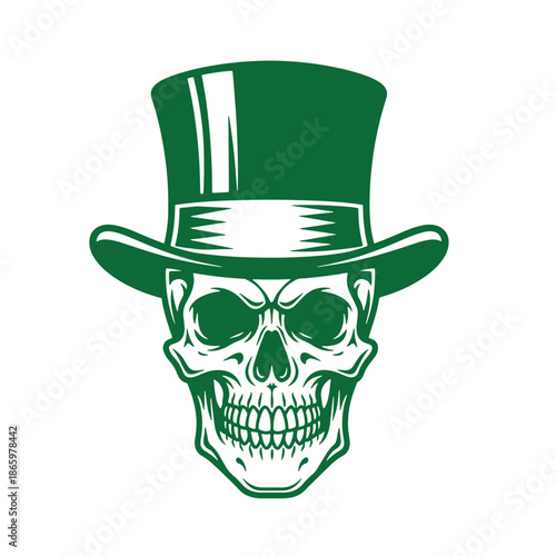 green skull wearing a top hat isolated on white background