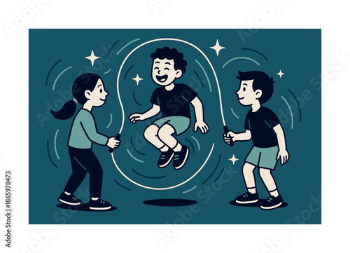 Dynamic Jump Rope. Jump rope. Two kids swing a rope while another jumps mid-air, stars and curved lines emphasizing rhythm and movement. High-energy
