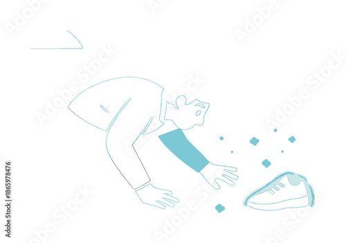 Frantic Shoe Search. Looking for your shoes. Person searching under a bed as tiny dust icons float; soft arcs showing frantic motion. A lone shoe peeks out