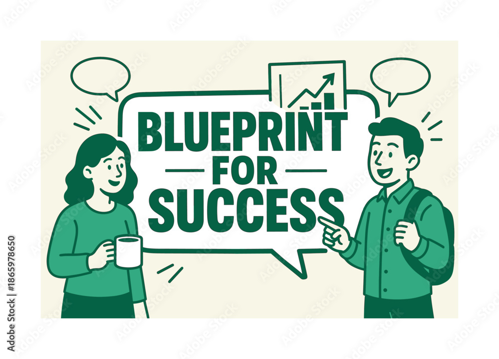 Naklejka premium Blueprint for Success. Blueprint for Success banner, flat vector illustration, bold oversized text inside sticker outline banner, cartoon characters pointing