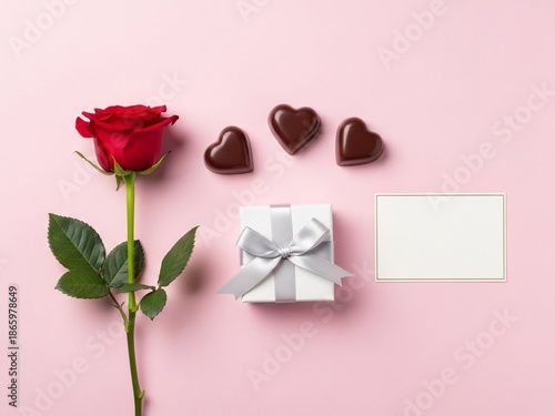 Elegant Minimalist Valentine's Day Flat Lay with Rose, Gift, Chocolates and Copy Space
