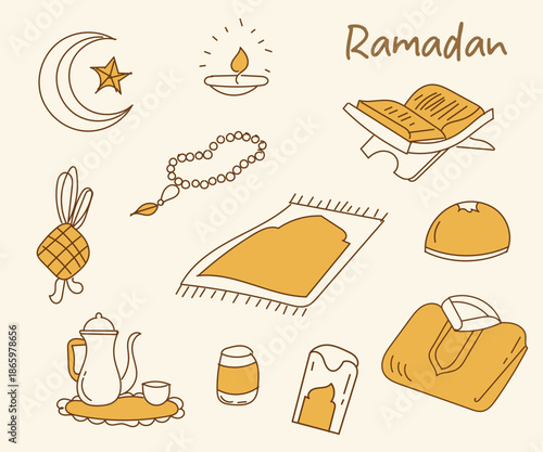 Hand-drawn Ramadan Kareem icon set featuring prayer mats, Quran, rosary beads, lanterns, crescent moon, dates, tea, and traditional food. Perfect for posters, flyers, social media posts, greeting card