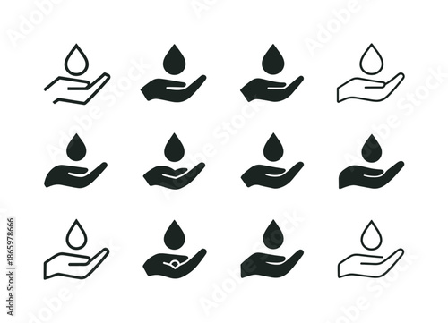 Sanitizer Logo Variations. Sanitizer use in everyday settings. Icon set. Set Logo of Sanitizer use: droplet. harmonious logo variations of the same emblematic