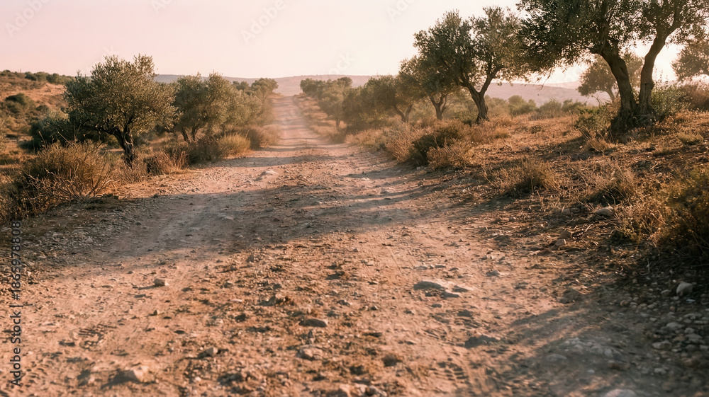 Fototapeta premium Dusty rural road lined with olive trees at sunset
