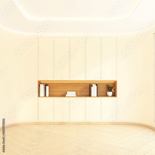 A minimalist empty room interior decorated in cream tones, accented with wooden shelves and warm lighting. 3d rendering