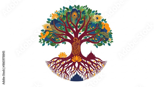 Vibrant tree of life with peacock, roots and flowers, symbolizing growth and harmony with nature, colorful illustration on white background with symbolic